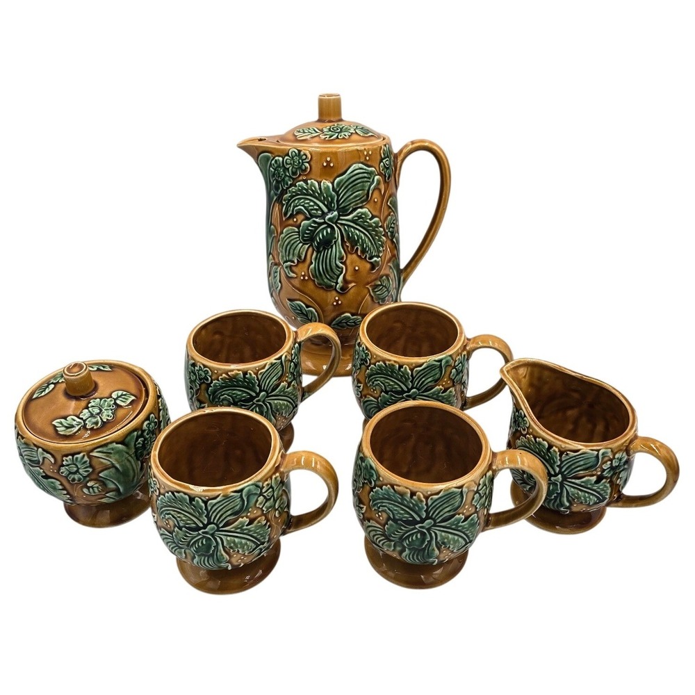 Royal Sealy Tea Set Brown Green Relief Majolica Iris Teapot Cups Sugar & Creamer